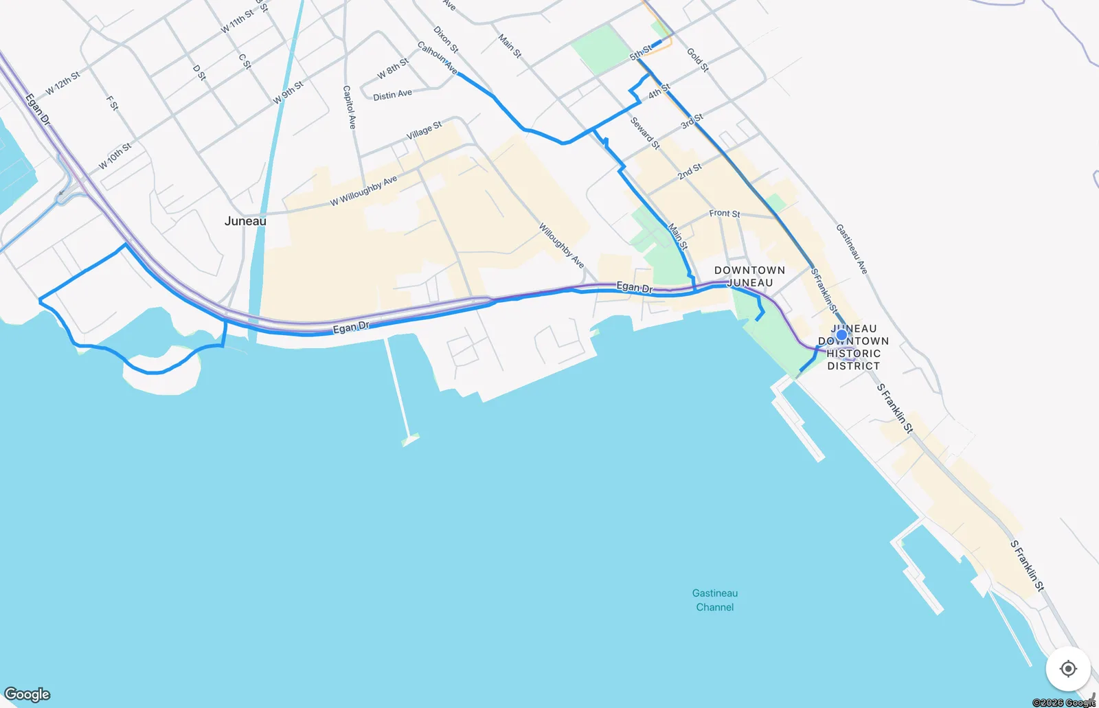 Route map for the Downtown Juneau Walking Tour tour