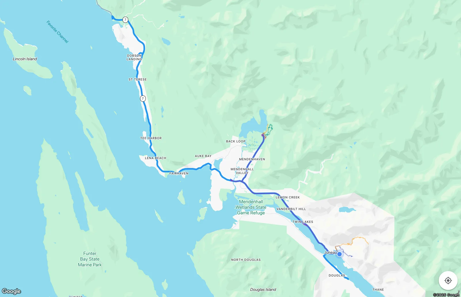 Route map for the Juneau Extended Driving Tour tour