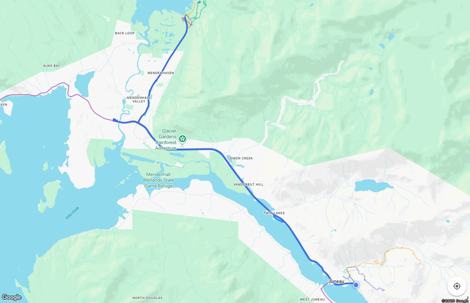 Route map for the Juneau Glacier Driving Tour tour