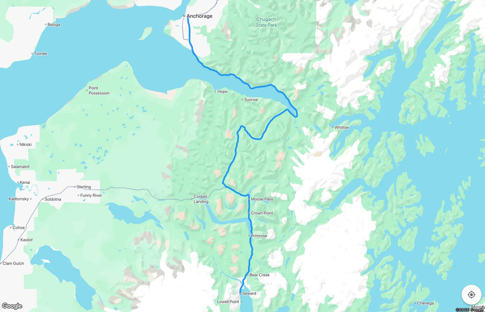 Route map for the Seward Highway: Anchorage to Seward tour
