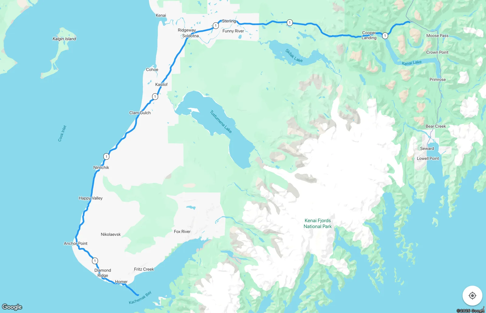 Route map for the Sterling Highway: The Road to Homer tour